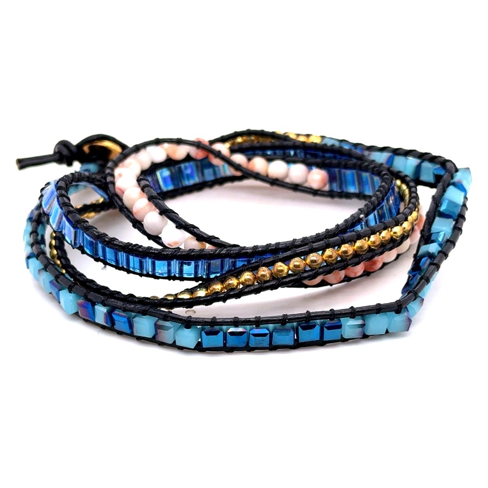 Victoria Emerson Blue Crystal and Stone Multi Layer Leather Wrap Bracelet